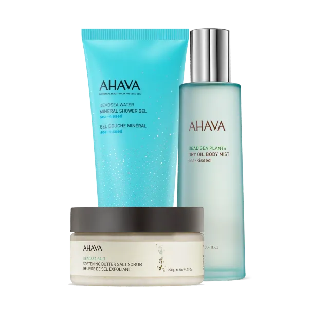 ahava Sea Serenity Trio hudpleiesett med saltskrubb, dusjsåpe og tørr oljespray