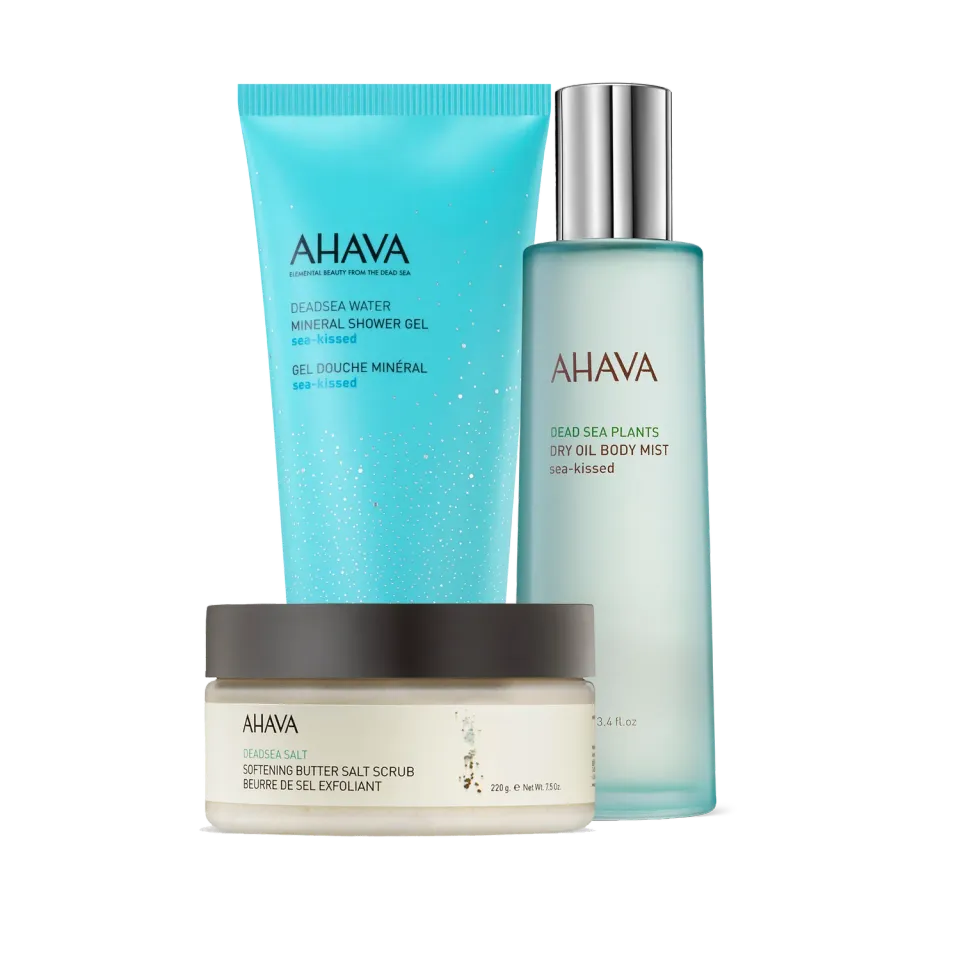 ahava Sea Serenity Trio hudpleiesett med saltskrubb, dusjsåpe og tørr oljespray